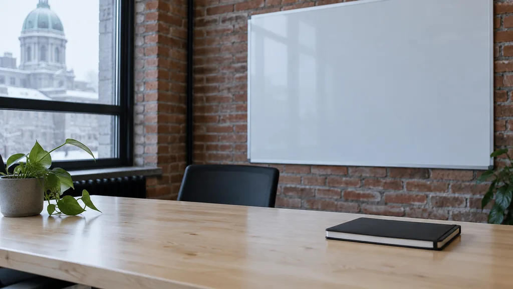 An empty workspace on a Montreal brick-walled office table of maple with a blank whiteboard and one closed notebook in cool winter light