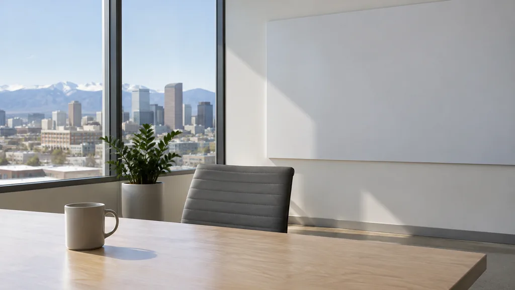 An empty workspace on a Denver office table of pale birch with an empty planning wall and one plain mug in clear high-altitude light
