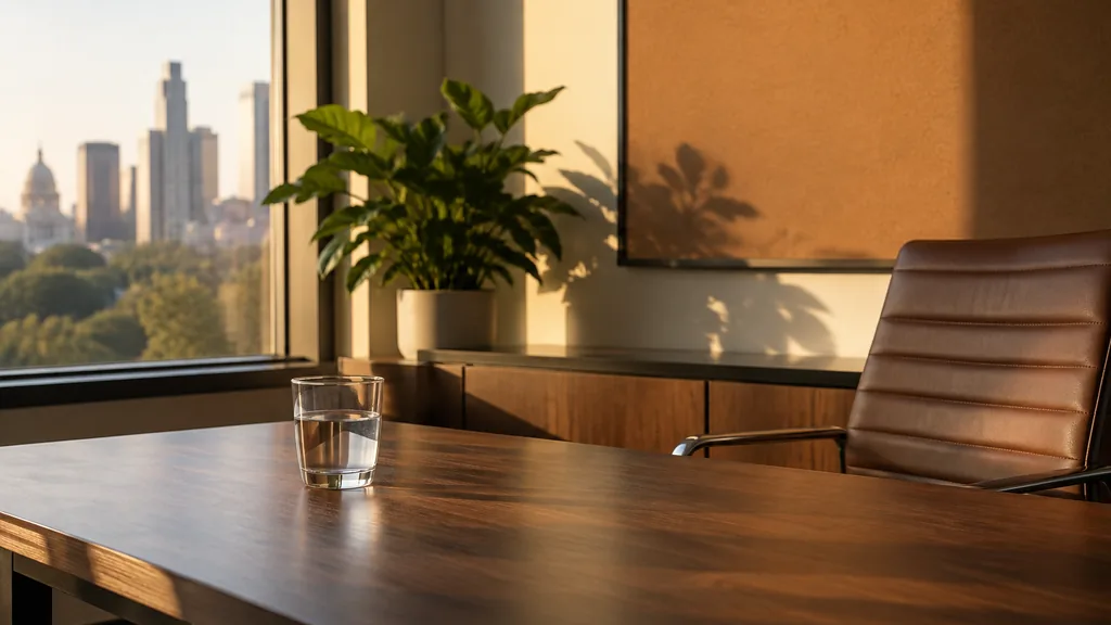 An empty workspace on an Austin office table of dark pecan with a blank pinboard and one plain water glass in warm late-afternoon light