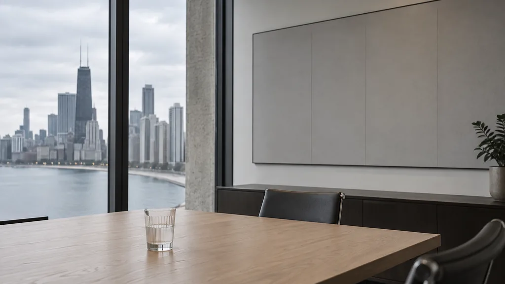An empty workspace in a Chicago office with grey lakefront light, an empty planning wall and one plain glass on a pale oak table