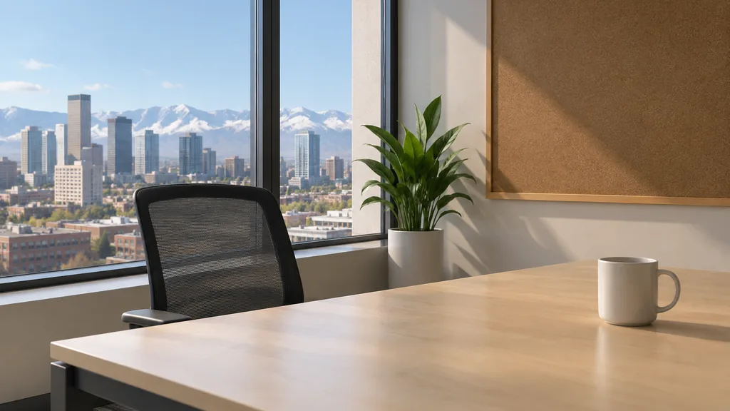 An empty workspace in a Denver office with clear high-altitude light, an empty pinboard and one plain mug on a pale birch table