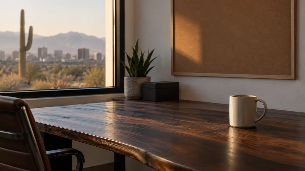 An empty workspace in a Phoenix office with warm desert light, a blank pinboard and one plain mug on a dark mesquite table