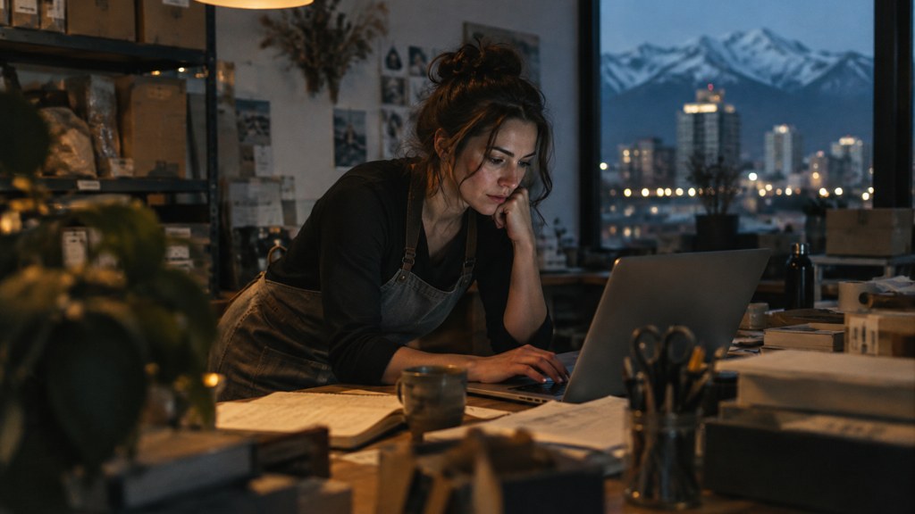 A small-business owner in an apron leaning over a laptop on a cluttered back-office desk late in the day, photographed in Salt Lake City