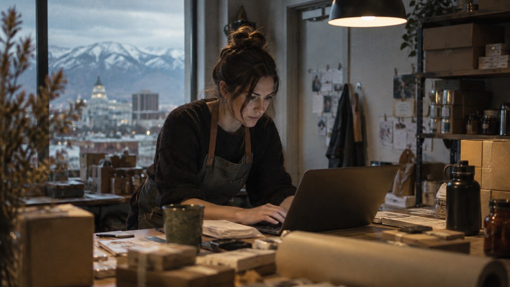 A small-business owner in an apron leaning over a laptop on a cluttered back-office desk late in the day, photographed in Salt Lake City