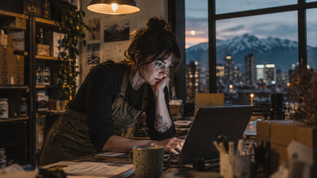 A small-business owner in an apron leaning over a laptop on a cluttered back-office desk late in the day, photographed in Salt Lake City