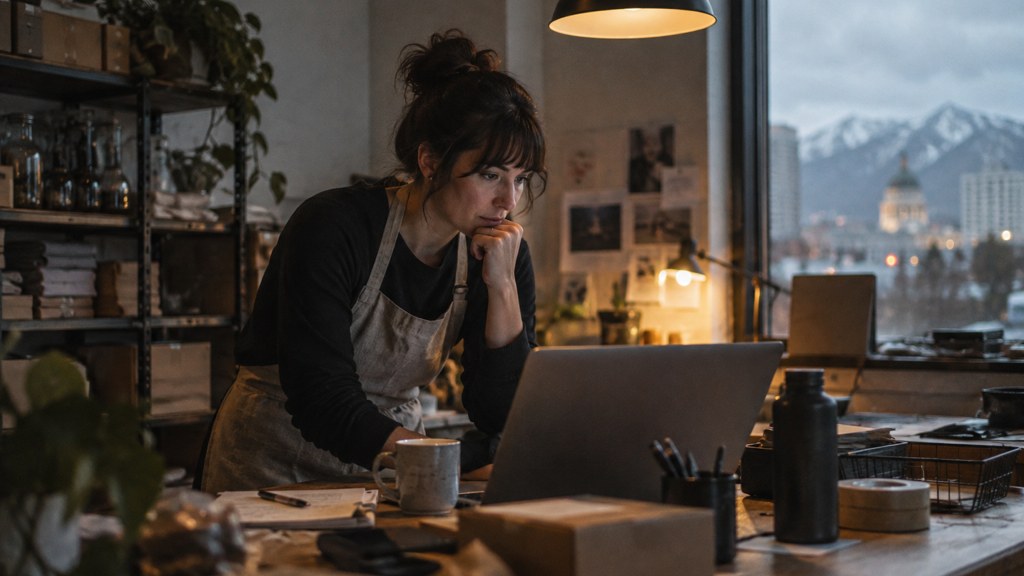 A small-business owner in an apron leaning over a laptop on a cluttered back-office desk late in the day, photographed in Salt Lake City