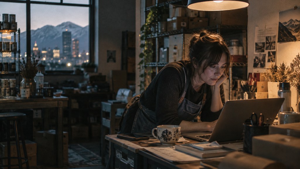 A small-business owner in an apron leaning over a laptop on a cluttered back-office desk late in the day, photographed in Salt Lake City