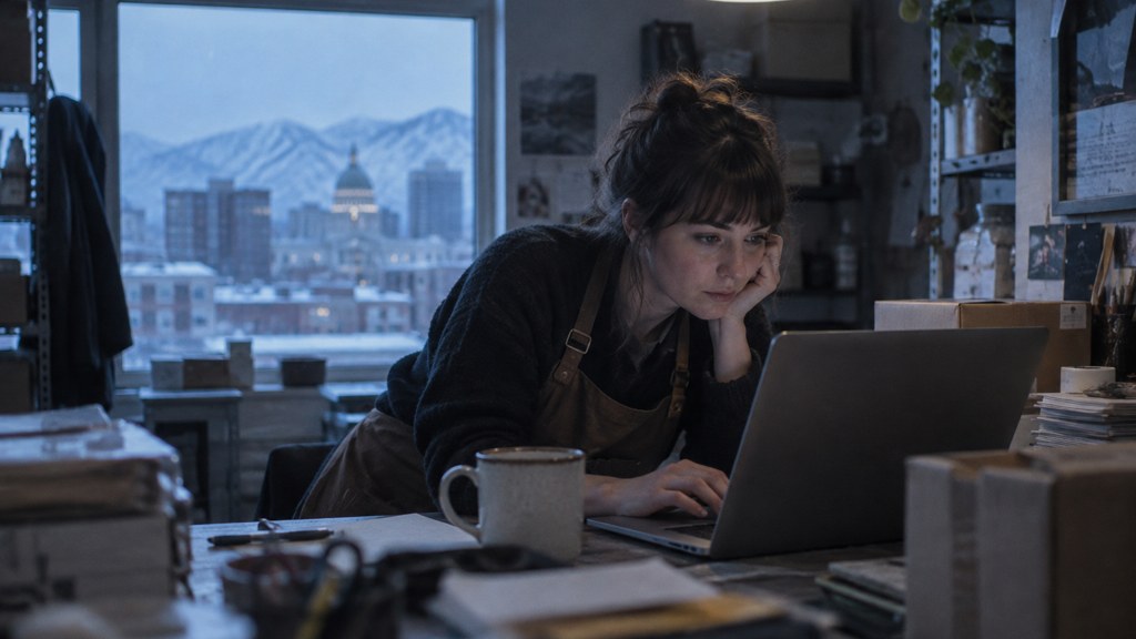 A small-business owner in an apron leaning over a laptop on a cluttered back-office desk late in the day, photographed in Salt Lake City