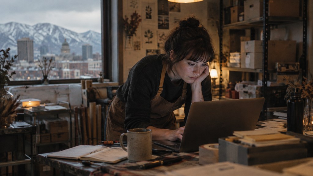 A small-business owner in an apron leaning over a laptop on a cluttered back-office desk late in the day, photographed in Salt Lake City