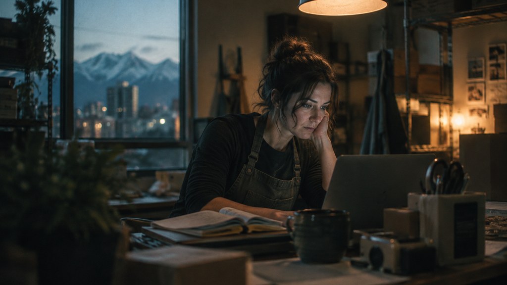 A small-business owner in an apron leaning over a laptop on a cluttered back-office desk late in the day, photographed in Salt Lake City