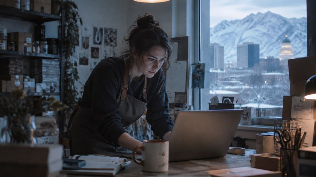A small-business owner in an apron leaning over a laptop on a cluttered back-office desk late in the day, photographed in Salt Lake City
