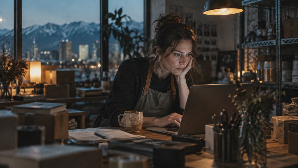 A small-business owner in an apron leaning over a laptop on a cluttered back-office desk late in the day, photographed in Salt Lake City