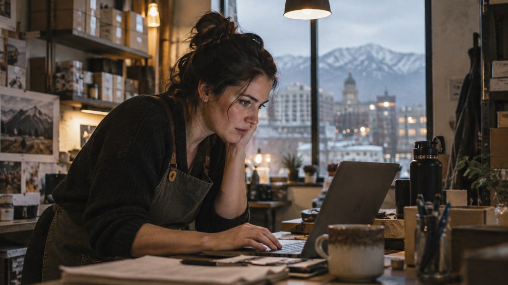 A small-business owner in an apron leaning over a laptop on a cluttered back-office desk late in the day, photographed in Salt Lake City