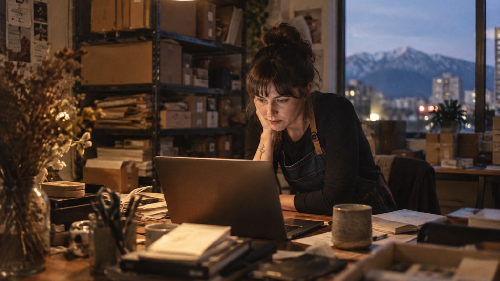 A small-business owner in an apron leaning over a laptop on a cluttered back-office desk late in the day, photographed in Salt Lake City