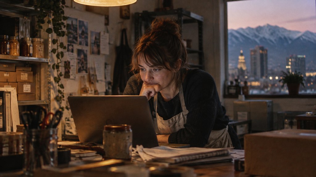 A small-business owner in an apron leaning over a laptop on a cluttered back-office desk late in the day, photographed in Salt Lake City