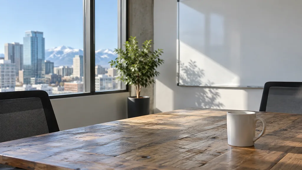 An empty workspace on a Denver office table of reclaimed pine with a blank whiteboard and one plain mug in clear mountain light