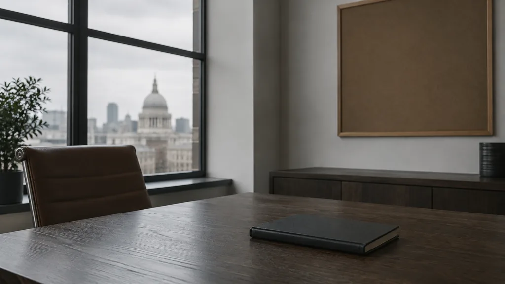 An empty workspace on a London office table of dark oak with an empty pinboard and one closed notebook in soft grey light