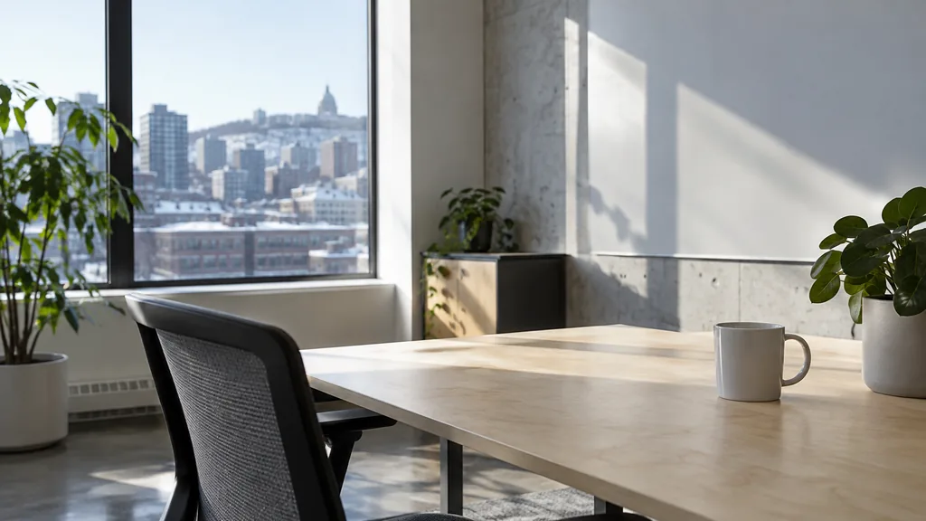 An empty workspace on a Montreal office table of birch with a blank planning wall and one plain mug in crisp winter light