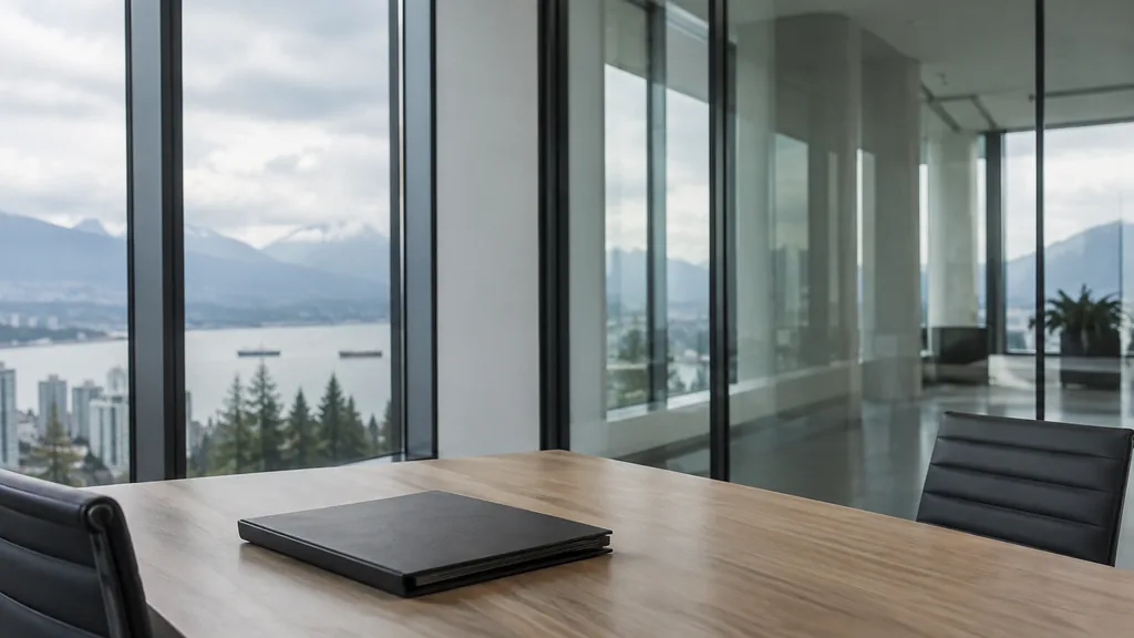 An empty workspace on a Vancouver office table of pale cedar with an empty glass wall and one closed folder in damp coastal light