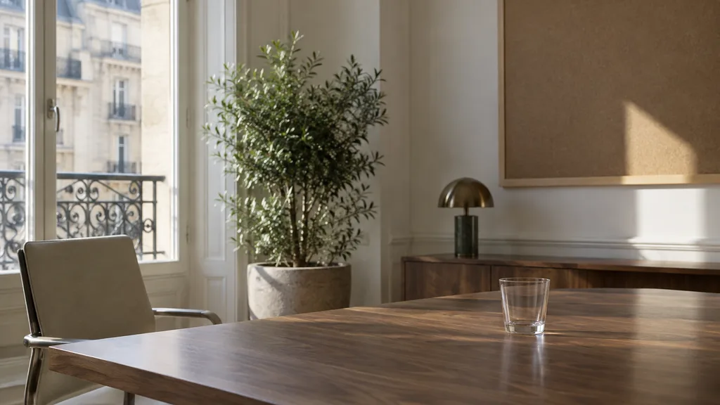 An empty workspace on a Paris office table of walnut with a blank pinboard and one plain glass in pale limestone light