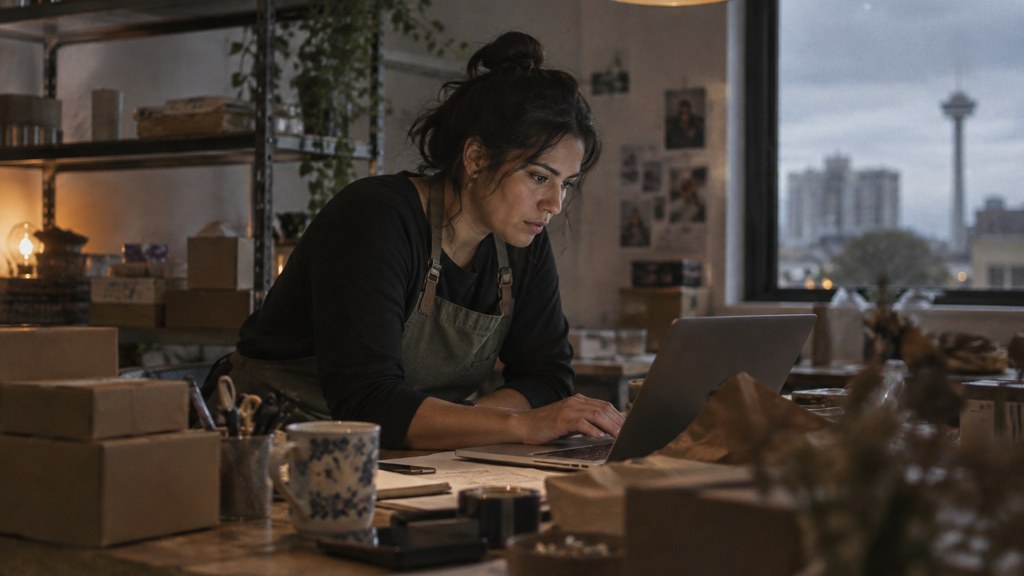 A small-business owner in an apron leaning over a laptop on a cluttered back-office desk late in the day, photographed in San Antonio