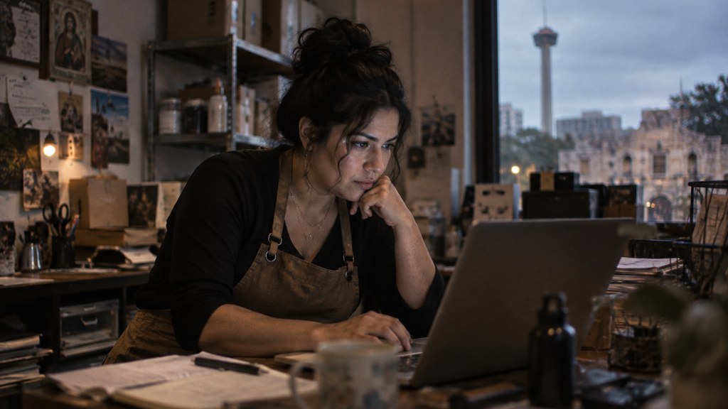 A small-business owner in an apron leaning over a laptop on a cluttered back-office desk late in the day, photographed in San Antonio
