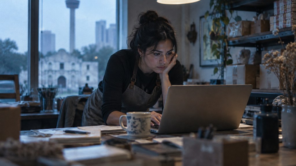 A small-business owner in an apron leaning over a laptop on a cluttered back-office desk late in the day, photographed in San Antonio