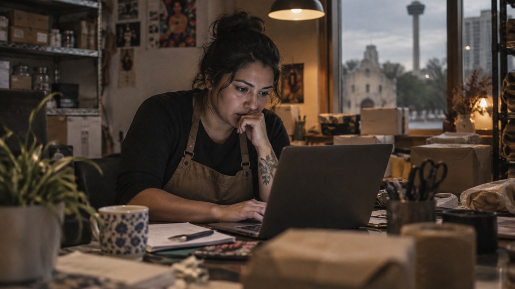 A small-business owner in an apron leaning over a laptop on a cluttered back-office desk late in the day, photographed in San Antonio
