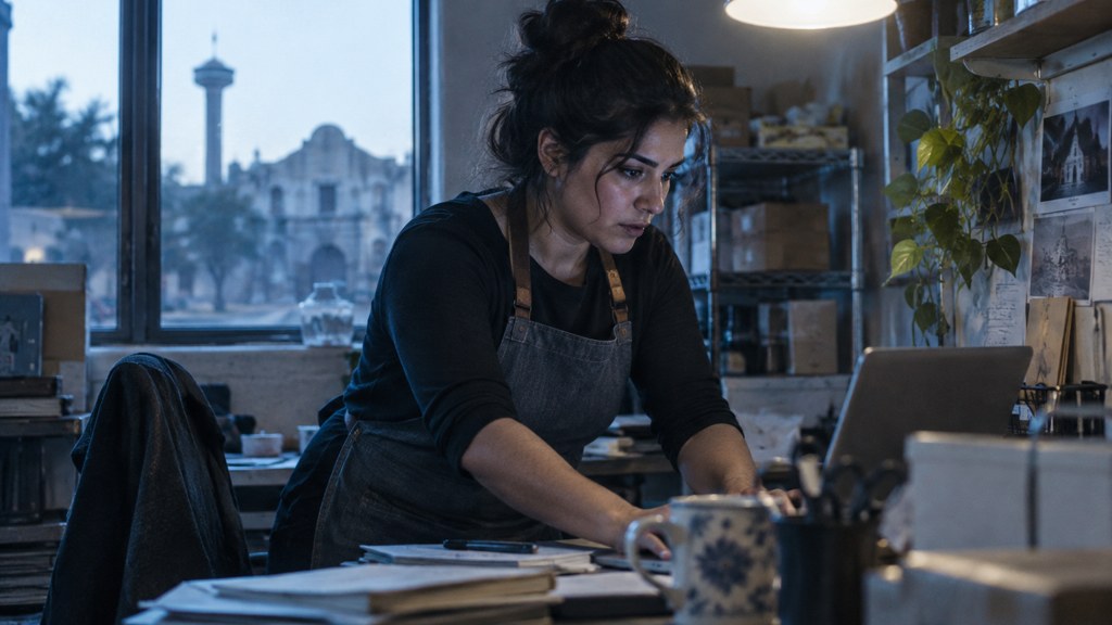 A small-business owner in an apron leaning over a laptop on a cluttered back-office desk late in the day, photographed in San Antonio