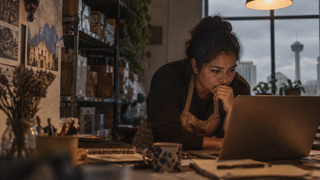 A small-business owner in an apron leaning over a laptop on a cluttered back-office desk late in the day, photographed in San Antonio