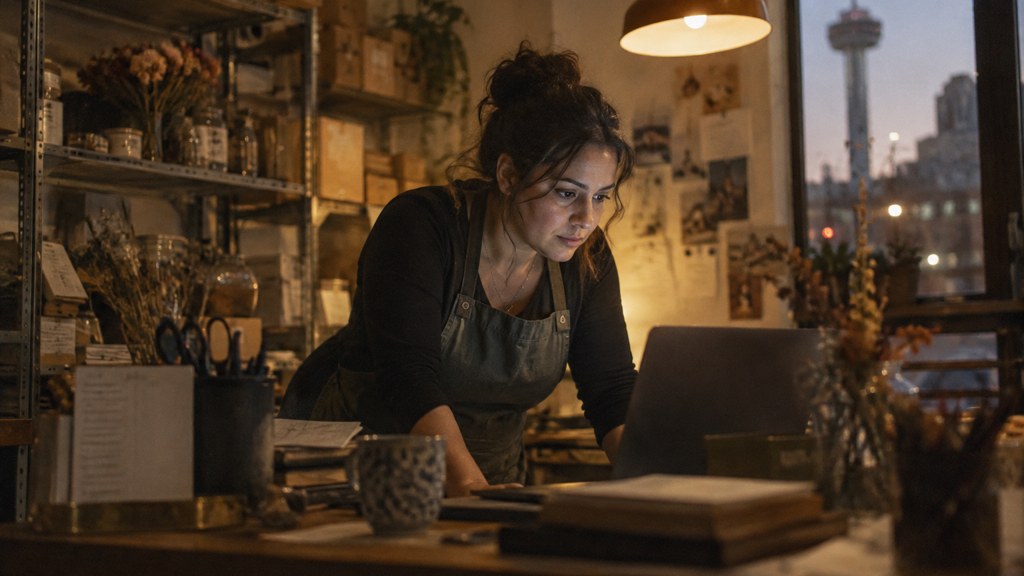 A small-business owner in an apron leaning over a laptop on a cluttered back-office desk late in the day, photographed in San Antonio