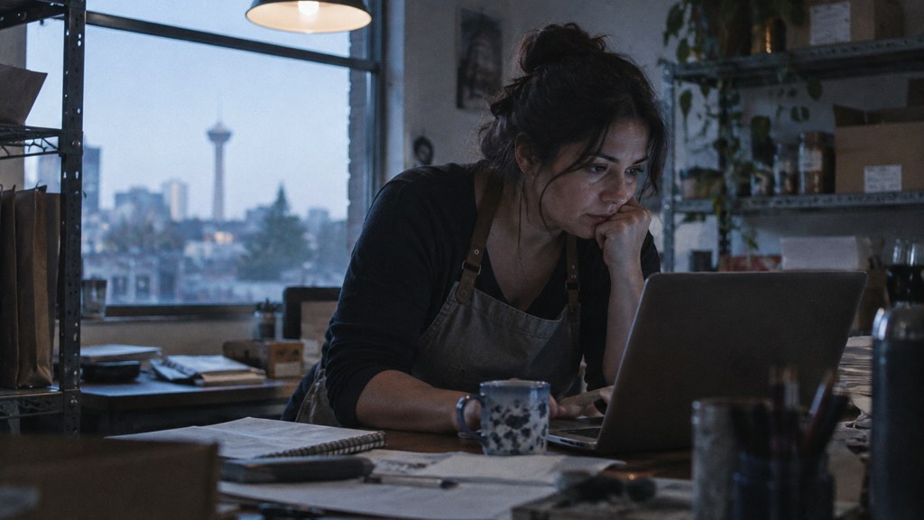 A small-business owner in an apron leaning over a laptop on a cluttered back-office desk late in the day, photographed in San Antonio