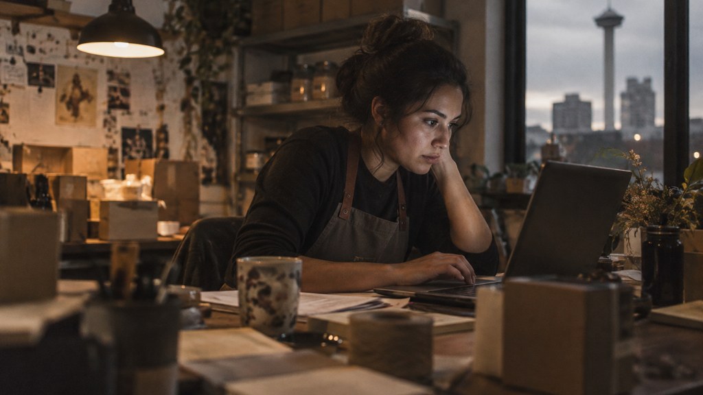 A small-business owner in an apron leaning over a laptop on a cluttered back-office desk late in the day, photographed in San Antonio