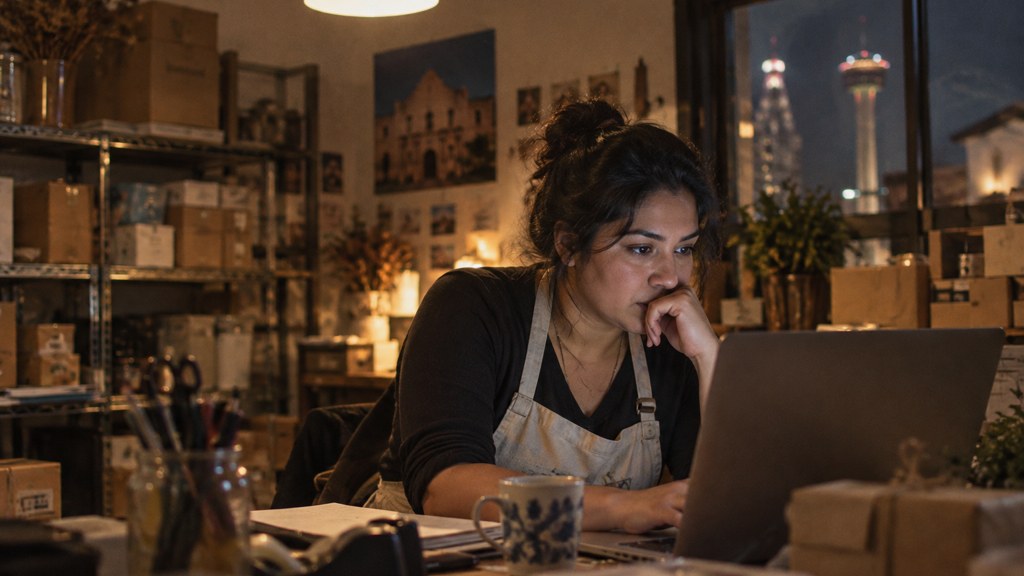 A small-business owner in an apron leaning over a laptop on a cluttered back-office desk late in the day, photographed in San Antonio
