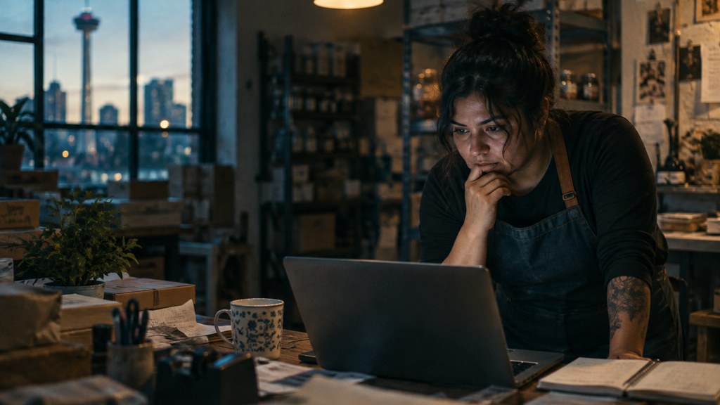 A small-business owner in an apron leaning over a laptop on a cluttered back-office desk late in the day, photographed in San Antonio