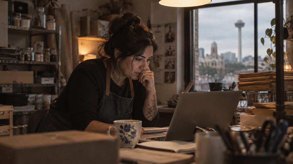 A small-business owner in an apron leaning over a laptop on a cluttered back-office desk late in the day, photographed in San Antonio