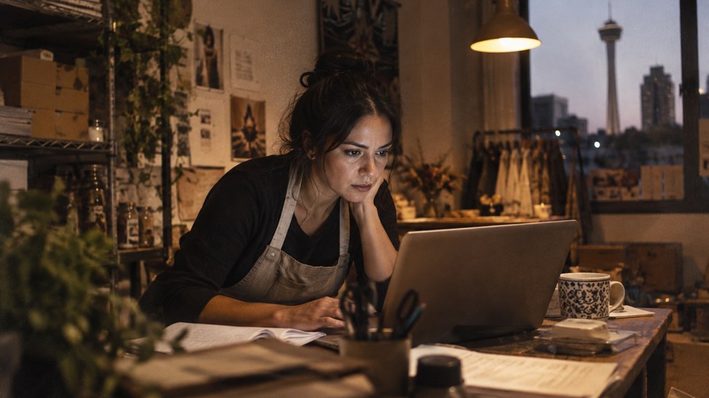 A small-business owner in an apron leaning over a laptop on a cluttered back-office desk late in the day, photographed in San Antonio