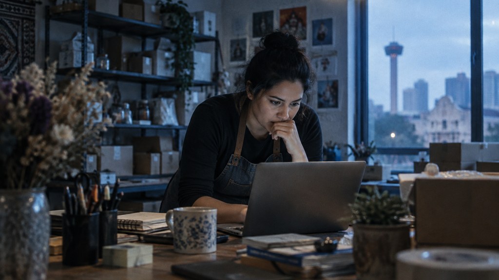 A small-business owner in an apron leaning over a laptop on a cluttered back-office desk late in the day, photographed in San Antonio