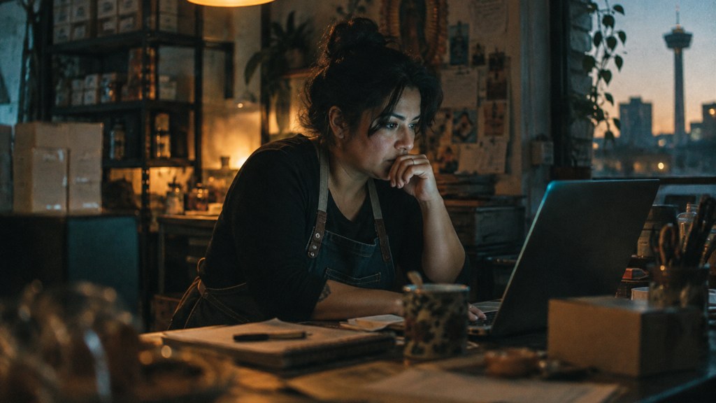 A small-business owner in an apron leaning over a laptop on a cluttered back-office desk late in the day, photographed in San Antonio