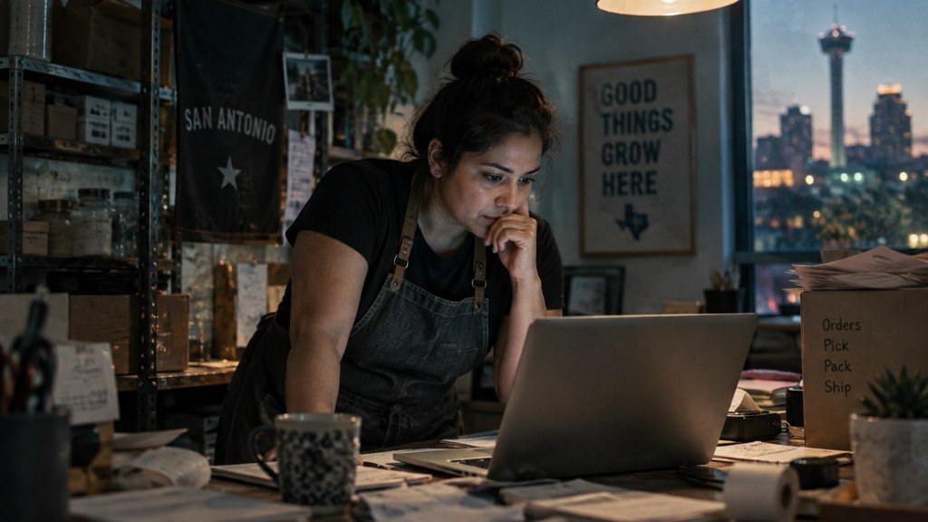 A small-business owner in an apron leaning over a laptop on a cluttered back-office desk late in the day, photographed in San Antonio