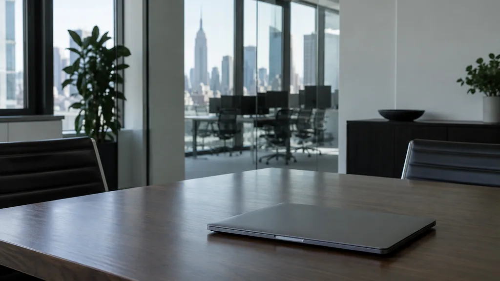 An empty workspace on a New York office table of dark walnut with an empty glass wall and one closed laptop in cool north light