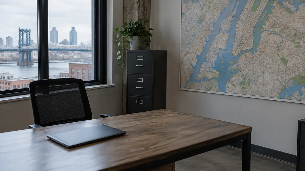 An empty workspace in a New York contractor's dispatch office with cool north light, an empty desk and one closed laptop beside a wall map
