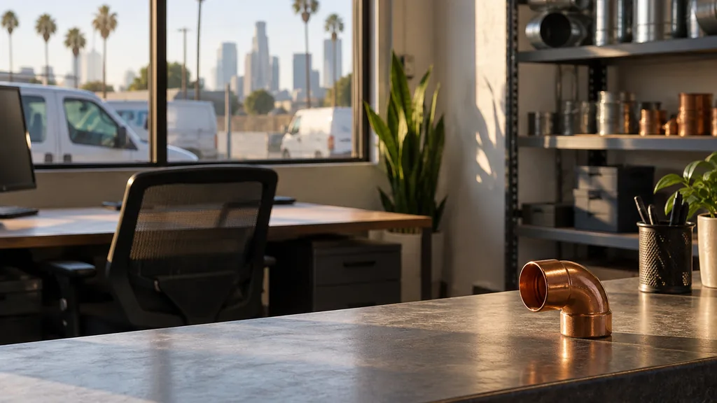 An empty workspace in a Los Angeles HVAC service depot office with warm afternoon light, an empty desk and a clean copper fitting on the counter
