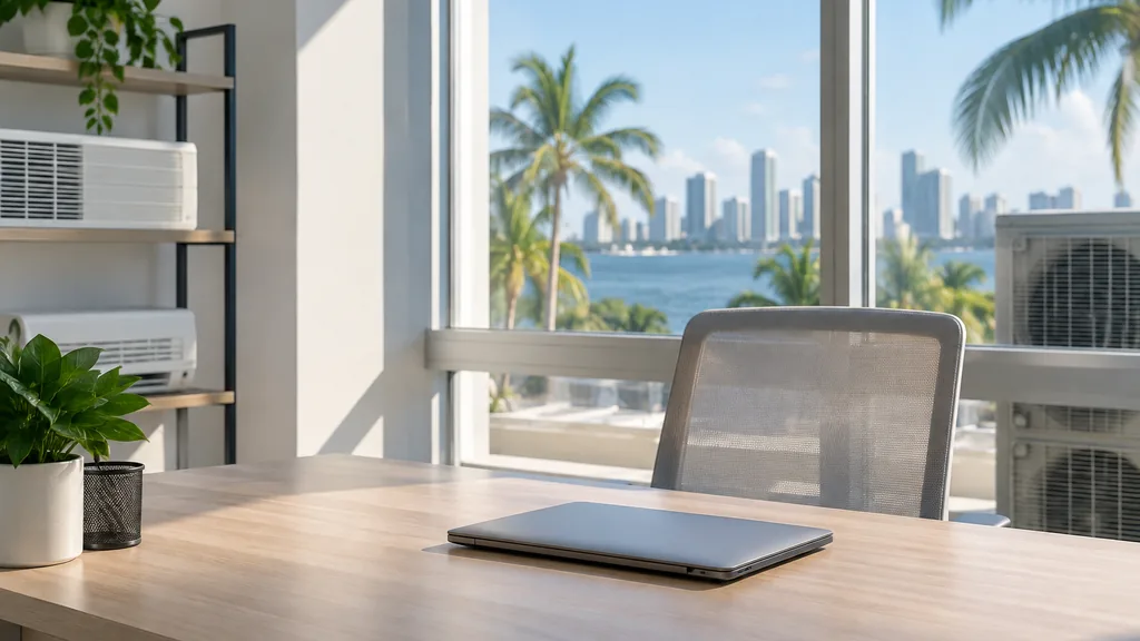 An empty workspace in a Miami air-conditioning service office with bright coastal light, an empty desk and a closed laptop on pale wood