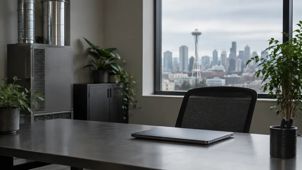 An empty workspace in a Seattle heating and cooling office with soft grey window light, an empty desk and a closed laptop on matte steel