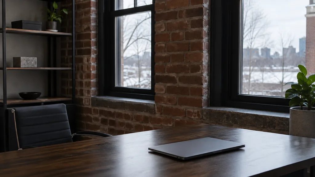 An empty workspace in a Boston brick-walled contractor office with cold winter light, an empty desk and one closed laptop on dark wood