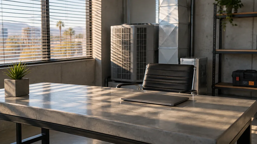 An empty workspace in a Las Vegas HVAC service office with hard desert light through blinds, an empty desk and a closed laptop on concrete