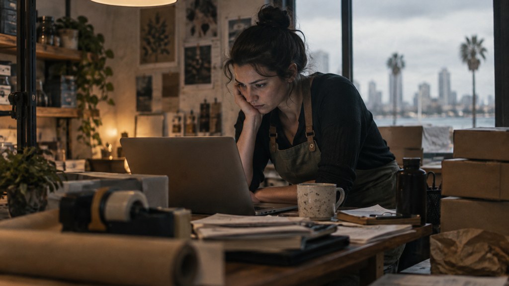 A small-business owner in an apron leaning over a laptop on a cluttered back-office desk late in the day, photographed in San Diego