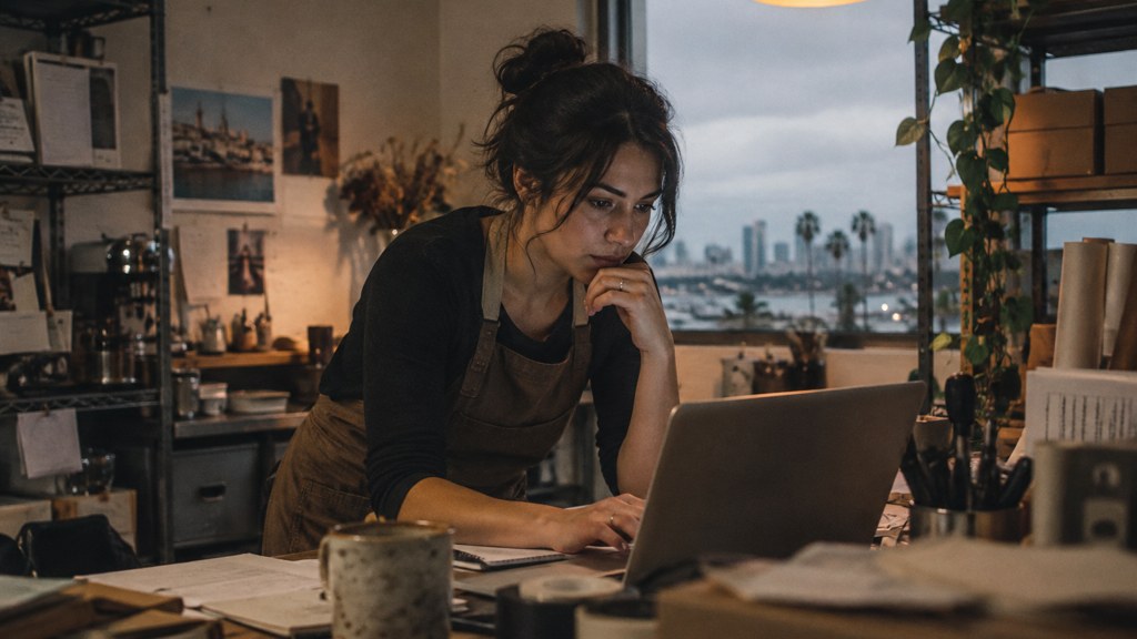 A small-business owner in an apron leaning over a laptop on a cluttered back-office desk late in the day, photographed in San Diego