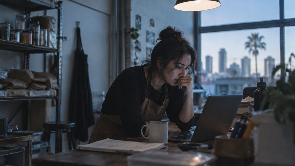A small-business owner in an apron leaning over a laptop on a cluttered back-office desk late in the day, photographed in San Diego